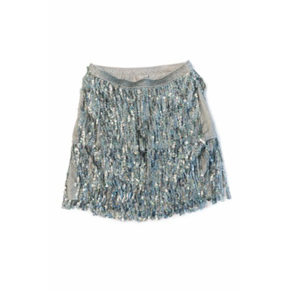Silver Holographic Sequin Fringe Mini Skirt Sparkle Metallic Waist US 4-6 Party